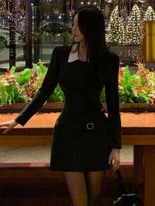 DAZY Women's Korean Street Style Long Sleeve Pleated Hem Dress Fall - Black - View 7