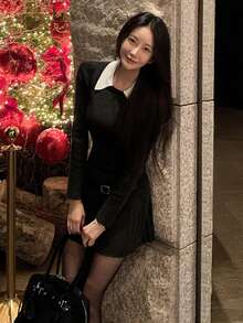 DAZY Women's Korean Street Style Long Sleeve Pleated Hem Dress Fall - Black - View 4