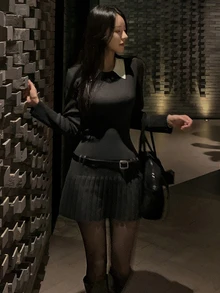 DAZY Women's Korean Street Style Long Sleeve Pleated Hem Dress Fall - Black - View 9
