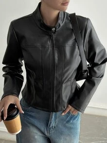 DAZY Solid Color Fitted Stand Collar Zipper Long Sleeve PU Jacket Casual Streetwear Spring Autumn Jacket For Women School Vacation - Black - View 6