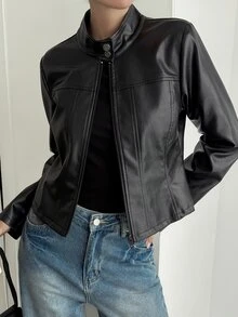 DAZY Solid Color Fitted Stand Collar Zipper Long Sleeve PU Jacket Casual Streetwear Spring Autumn Jacket For Women School Vacation - Black - View 3
