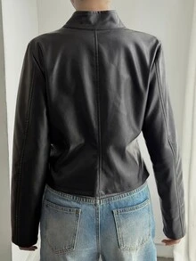 DAZY Solid Color Fitted Stand Collar Zipper Long Sleeve PU Jacket Casual Streetwear Spring Autumn Jacket For Women School Vacation - Black - View 8