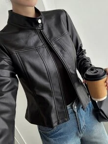 DAZY Solid Color Fitted Stand Collar Zipper Long Sleeve PU Jacket Casual Streetwear Spring Autumn Jacket For Women School Vacation - Black - View 1