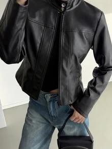 DAZY Solid Color Fitted Stand Collar Zipper Long Sleeve PU Jacket Casual Streetwear Spring Autumn Jacket For Women School Vacation - Black - View 2
