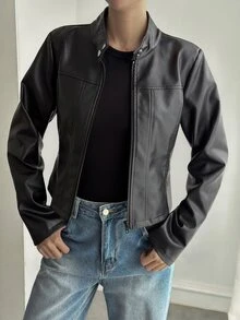 DAZY Solid Color Fitted Stand Collar Zipper Long Sleeve PU Jacket Casual Streetwear Spring Autumn Jacket For Women School Vacation - Black - View 4