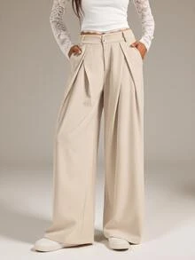 SHEIN Tall Women's Suit Wide Leg Pants With Pleated Detailing - Khaki - View 3