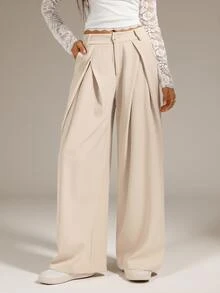 SHEIN Tall Women's Suit Wide Leg Pants With Pleated Detailing - Khaki - View 7
