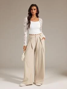 SHEIN Tall Women's Suit Wide Leg Pants With Pleated Detailing - Khaki - View 4