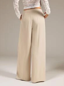 SHEIN Tall Women's Suit Wide Leg Pants With Pleated Detailing - Khaki - View 2
