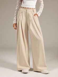 SHEIN Tall Women's Suit Wide Leg Pants With Pleated Detailing - Khaki - View 1