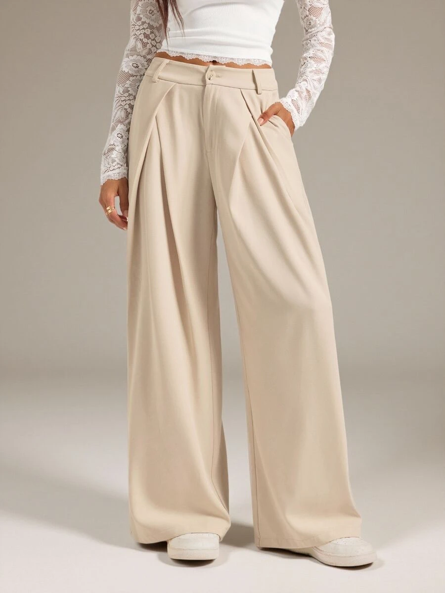 SHEIN Tall Women's Suit Wide Leg Pants With Pleated Detailing - Khaki - View 1