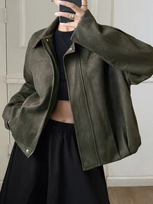 DAZY Solid Color Loose Fit Lapel Long Sleeve Zipper PU Jacket Casual Streetwear Spring Autumn Women's Jacket - Green - View 1