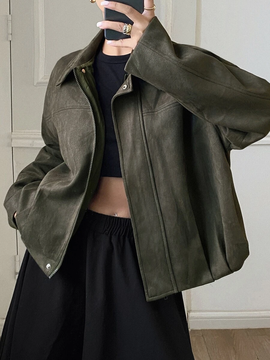 DAZY Solid Color Loose Fit Lapel Long Sleeve Zipper PU Jacket Casual Streetwear Spring Autumn Women's Jacket - Green - View 1