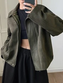 DAZY Solid Color Loose Fit Lapel Long Sleeve Zipper PU Jacket Casual Streetwear Spring Autumn Women's Jacket - Green - View 5