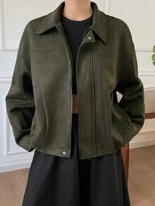 DAZY Solid Color Loose Fit Lapel Long Sleeve Zipper PU Jacket Casual Streetwear Spring Autumn Women's Jacket - Green - View 2