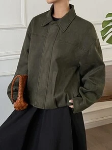 DAZY Solid Color Loose Fit Lapel Long Sleeve Zipper PU Jacket Casual Streetwear Spring Autumn Women's Jacket - Green - View 4