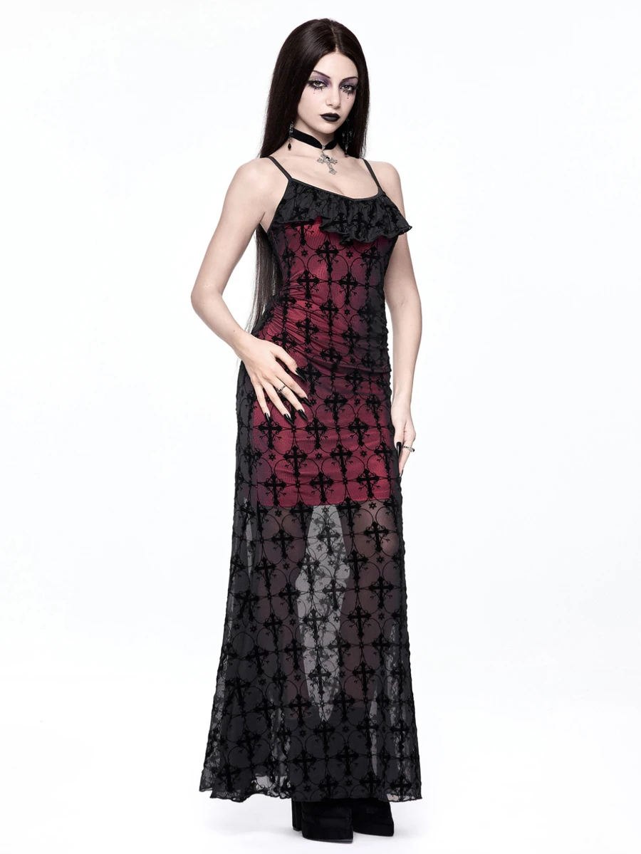 ROMWE Grunge Punk Punk Cross Lace Contrast Red Lining Sexy Women's Extra Long Dress - Black - View 1