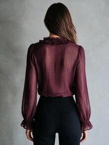 SHEIN New Vintage Elegant Commute & Date Ruffle Tie Deep V-Neck Petal Sleeve Chiffon Blouse For Women - Rust Brown - View 3