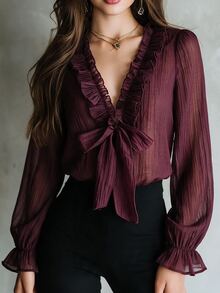 SHEIN New Vintage Elegant Commute & Date Ruffle Tie Deep V-Neck Petal Sleeve Chiffon Blouse For Women - Rust Brown - View 5
