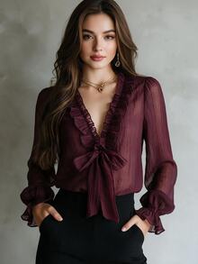 SHEIN New Vintage Elegant Commute & Date Ruffle Tie Deep V-Neck Petal Sleeve Chiffon Blouse For Women - Rust Brown - View 2