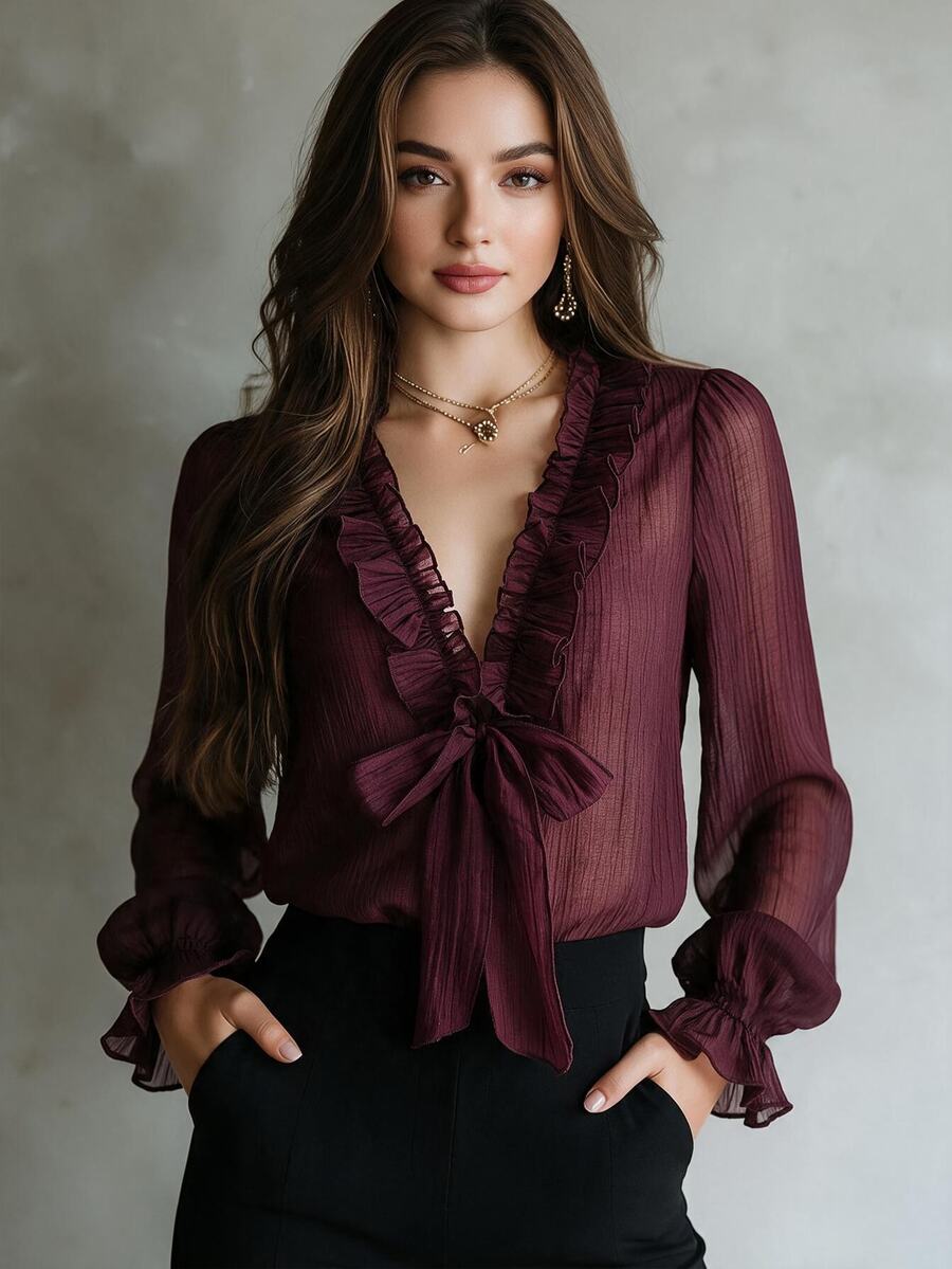 SHEIN New Vintage Elegant Commute & Date Ruffle Tie Deep V-Neck Petal Sleeve Chiffon Blouse For Women