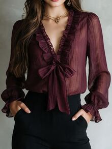 SHEIN New Vintage Elegant Commute & Date Ruffle Tie Deep V-Neck Petal Sleeve Chiffon Blouse For Women - Rust Brown - View 4