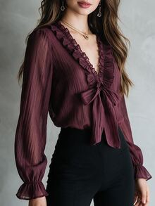 SHEIN New Vintage Elegant Commute & Date Ruffle Tie Deep V-Neck Petal Sleeve Chiffon Blouse For Women - Rust Brown - View 6