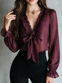 SHEIN New Vintage Elegant Commute & Date Ruffle Tie Deep V-Neck Petal Sleeve Chiffon Blouse For Women - Rust Brown - View 7