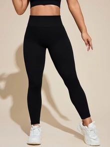 SHEIN Rhythm Era Plus Size Women Solid Wide Waistband Sports Leggings Winter - Black - View 4