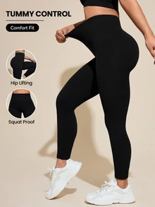 SHEIN Rhythm Era Plus Size Women Solid Wide Waistband Sports Leggings Winter - Black - View 1