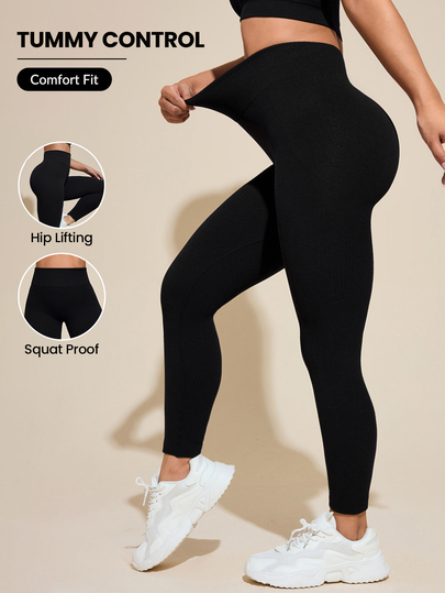 SHEIN Rhythm Era Plus Size Women Solid Wide Waistband Sports Leggings Winter