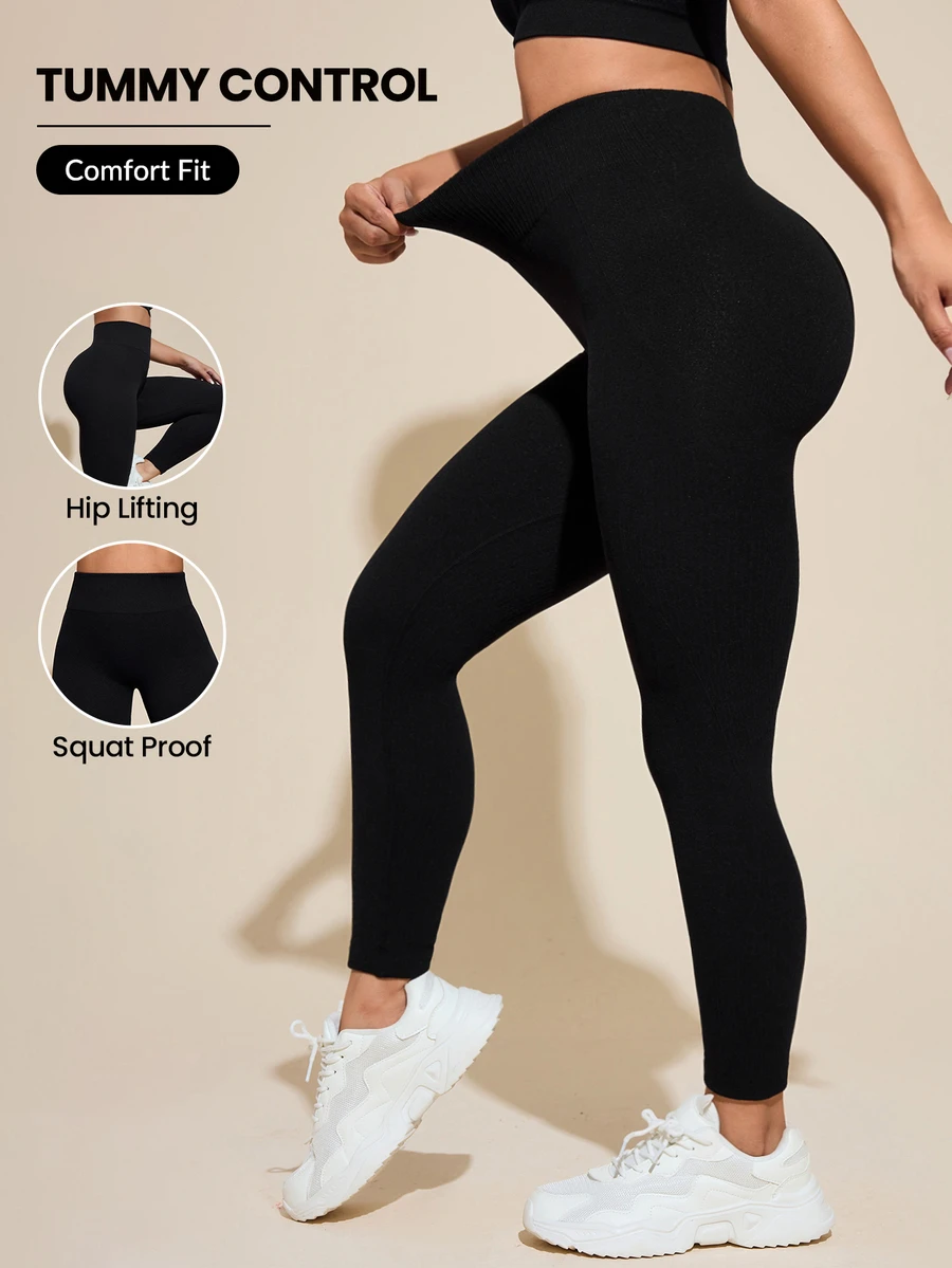 SHEIN Rhythm Era Plus Size Women Solid Wide Waistband Sports Leggings Winter - Black - View 1