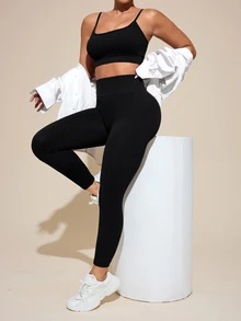 SHEIN Rhythm Era Plus Size Women Solid Wide Waistband Sports Leggings Winter - Black - View 6