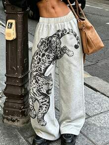 INAWLY Cool Leopard Print Elastic Waist Wide Leg Sweatpants, Heather Gray Loose Drapey Casual Home Outdoor Sports Long Pants - Grey - View 2
