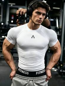GymBeat Kaos Olahraga Pria Lengan Pendek Raglan Motif Geometris, Warna Putih, Cocok untuk Latihan di Gym, Musim Panas - Putih - View 1