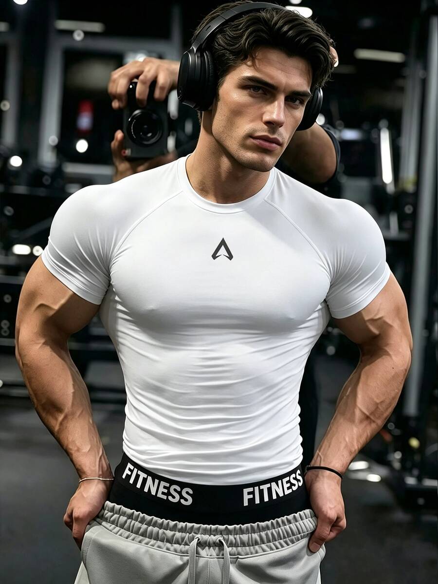 GymBeat Kaos Olahraga Pria Lengan Pendek Raglan Motif Geometris, Warna Putih, Cocok untuk Latihan di Gym, Musim Panas - Putih - View 1