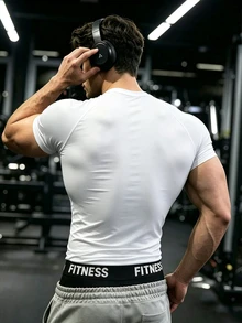 GymBeat Kaos Olahraga Pria Lengan Pendek Raglan Motif Geometris, Warna Putih, Cocok untuk Latihan di Gym, Musim Panas - Putih - View 2