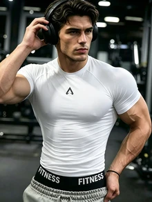 GymBeat Kaos Olahraga Pria Lengan Pendek Raglan Motif Geometris, Warna Putih, Cocok untuk Latihan di Gym, Musim Panas - Putih - View 4