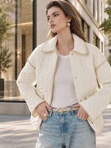 Anewsta Women's Contrast Quilted Padded Jacket, Frayed Raw Edge Special Craft Button Front Casual Lightweight Outerwear, Fall Autumn Winter Short Coat - Apricot - View 5