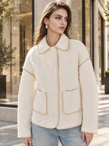 Anewsta Women's Contrast Quilted Padded Jacket, Frayed Raw Edge Special Craft Button Front Casual Lightweight Outerwear, Fall Autumn Winter Short Coat - Apricot - View 8