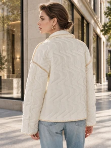 Anewsta Women's Contrast Quilted Padded Jacket, Frayed Raw Edge Special Craft Button Front Casual Lightweight Outerwear, Fall Autumn Winter Short Coat - Apricot - View 2