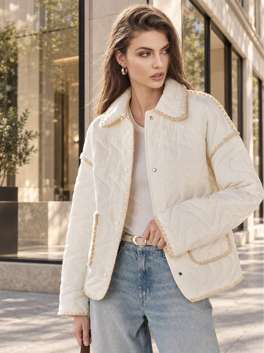 Anewsta Women's Contrast Quilted Padded Jacket, Frayed Raw Edge Special Craft Button Front Casual Lightweight Outerwear, Fall Autumn Winter Short Coat - Apricot - View 1