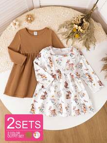 SHEIN Vintaside Kids 2件組女嬰洋裝套裝，素色羅紋與鹿松鼠印花，圓領長袖A字洋裝，適合日常與戶外穿著，春秋款 - 彩色 - 查看 1
