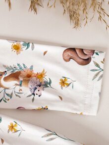 SHEIN Vintaside Kids 2件組女嬰洋裝套裝，素色羅紋與鹿松鼠印花，圓領長袖A字洋裝，適合日常與戶外穿著，春秋款 - 彩色 - 查看 3