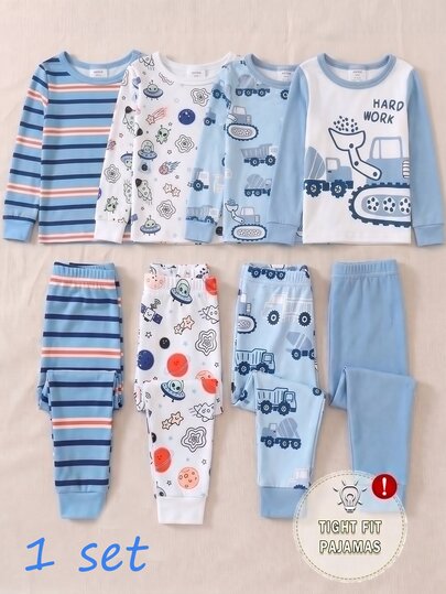 Baby Boy Comfortable Soft High Elasticity Ribbed Fabric Planet Stripe All-Over Print Long Sleeve Crew Neck Pants Tight Pajama Set