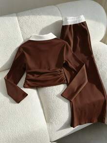 Teen Girls Fall Outfits Fall Tops 2pcs/Set Knight Print Contrast Color Ruffle Collar Long Sleeve T-Shirt And Pants Casual Suit, Fall - Brown - View 4