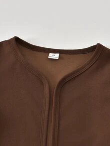SHEIN Tween女孩秋季穿搭上衣2件/套，復古優雅可愛棕色上衣搭配白色蝴蝶結裝飾吊帶泡泡袖洋裝套裝，適合家庭與學校穿搭 - 卡其色 - 查看 9