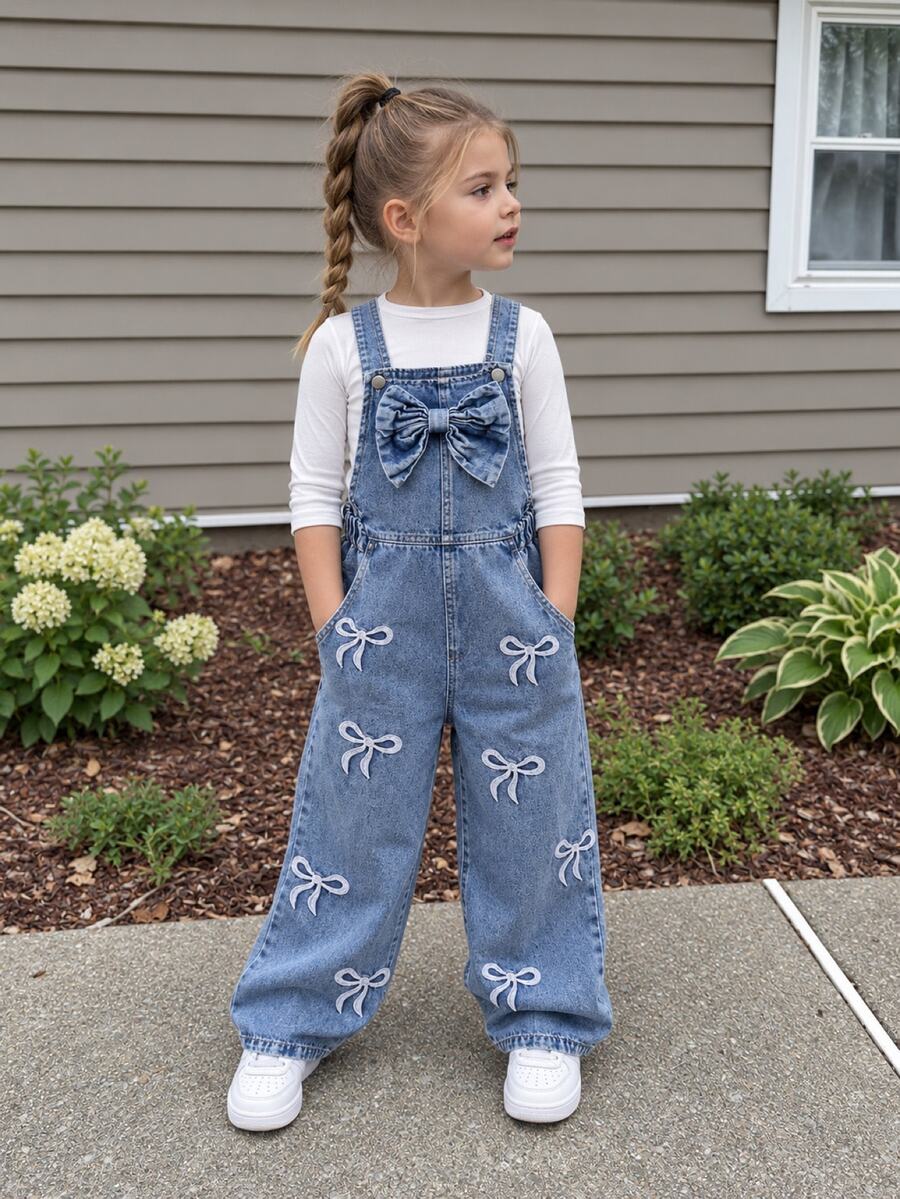 Elladie kids 女童牛仔吊帶褲連身褲 全季新款 時尚休閒牛仔女郎風 藍色復古水洗彈性腰設計 夏季