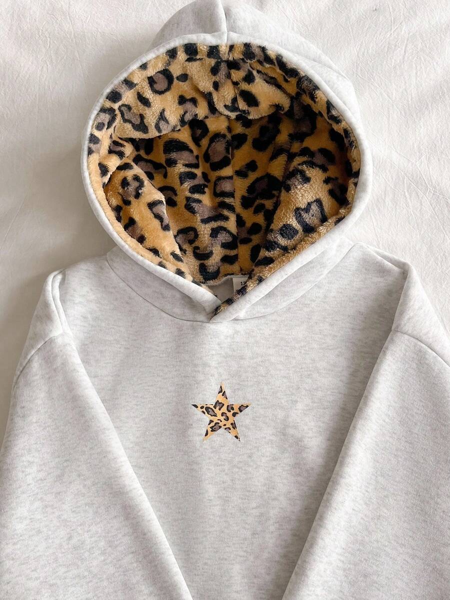 SHEIN Sparklyn 青少年女孩抓絨秋季服飾休閒街頭豹紋印花保暖內裡帽子，校園與日常穿搭衛衣，秋冬舒適套裝