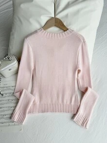 SHEIN 青少年女孩粉黑配色毛衣，刺繡馬 V 領扭繩纜編織上衣，柔軟彈性修身休閒街頭風秋季返校穿搭 - 粉色 - 查看 3